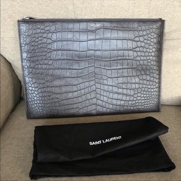 Saint Laurent Handbags - Saint Lauren Brown Croc Embossed Leather Clutch